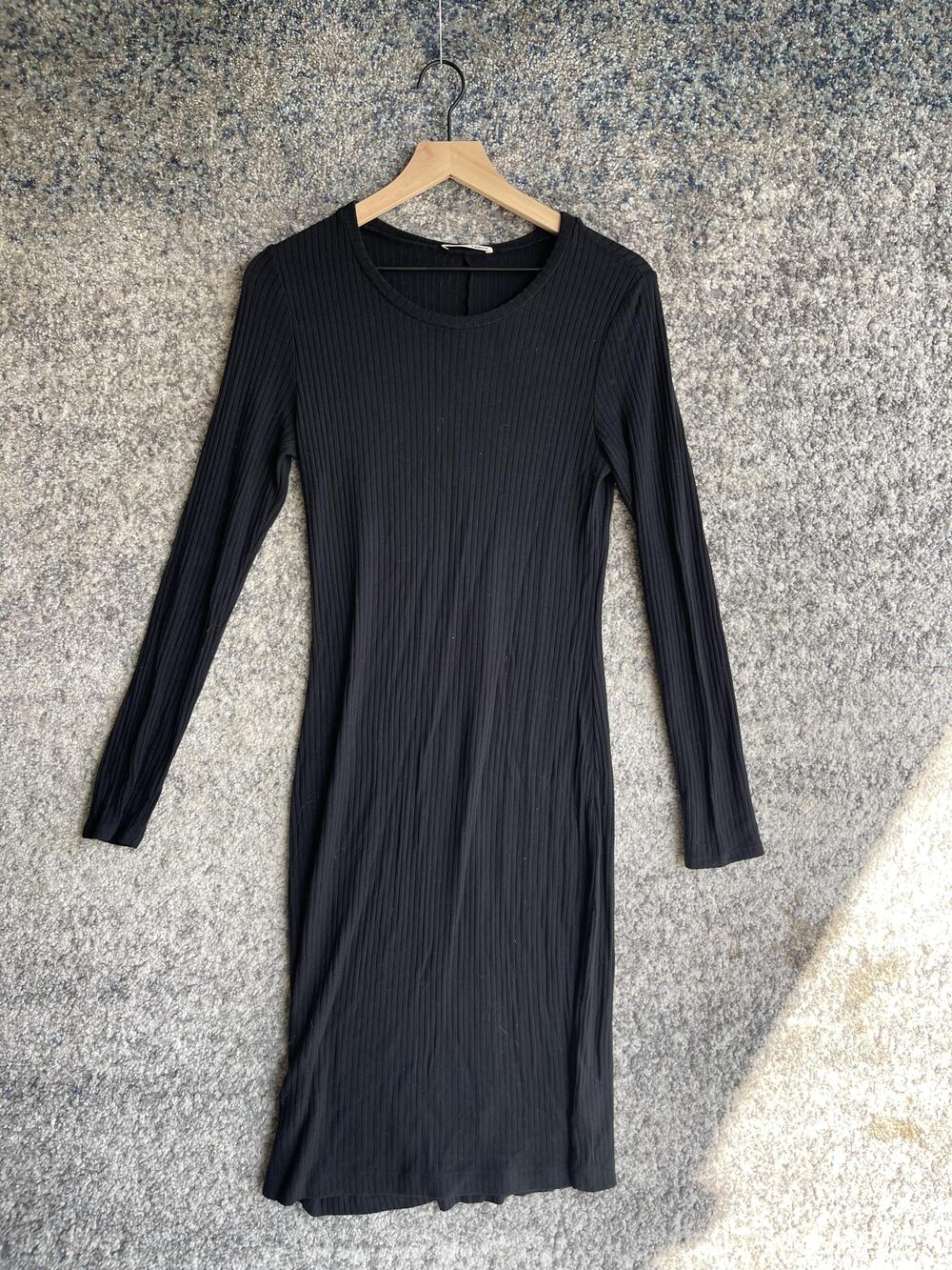 Reformation Jeans Dress Womens Medium Black Ribbed Long Sleeve Midi Bodycon USA